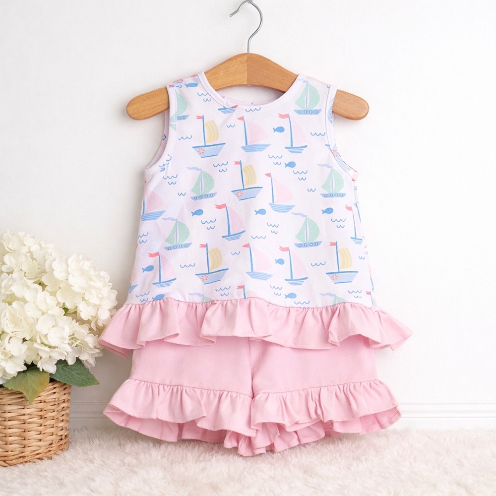 Dock Days Nautical Ruffle Short Set 7 Girls Coastal Boutique Summer Outfit